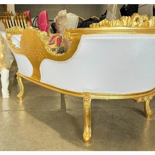 French Style Tufted White Settee With Gold Details For Sale - Image 4 of 6