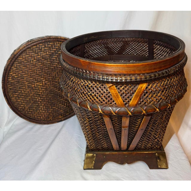 Brown Vintage Chinese Woven Rattan Bamboo Storage Basket Side Table Brass Accent For Sale - Image 8 of 12