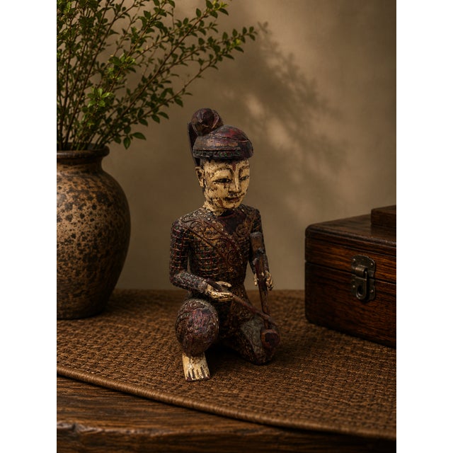 Mid 20th Century Hand-Carved Chinese Wooden Figural Sculpture of Seated Musician Holding Musical Instrument For Sale - Image 14 of 14