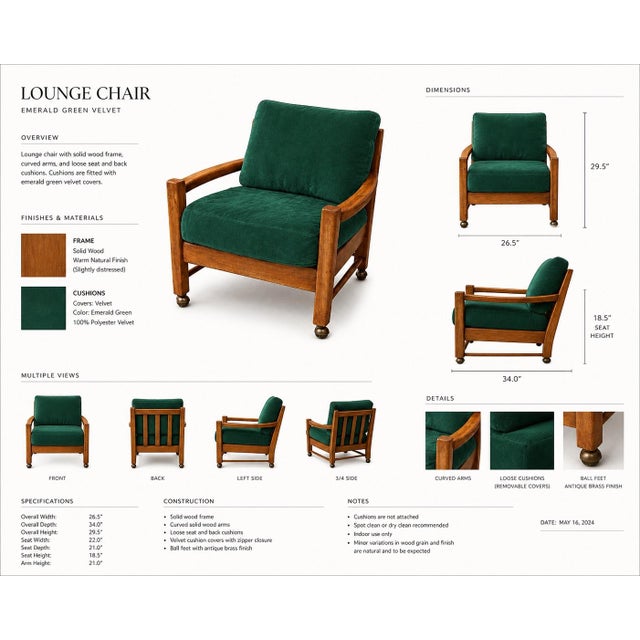 Vintage Solid Wood Lounge Chairs – Set of Four with Emerald Green Velvet Cushions & Original Casters A striking set of...
