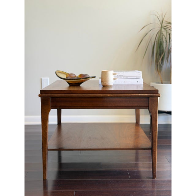 Coffee 1960s Mid-Century Modern Walnut Floating-Top End Table With Lower Shelf — MCM Lamp Side Table For Sale - Image 8 of 12