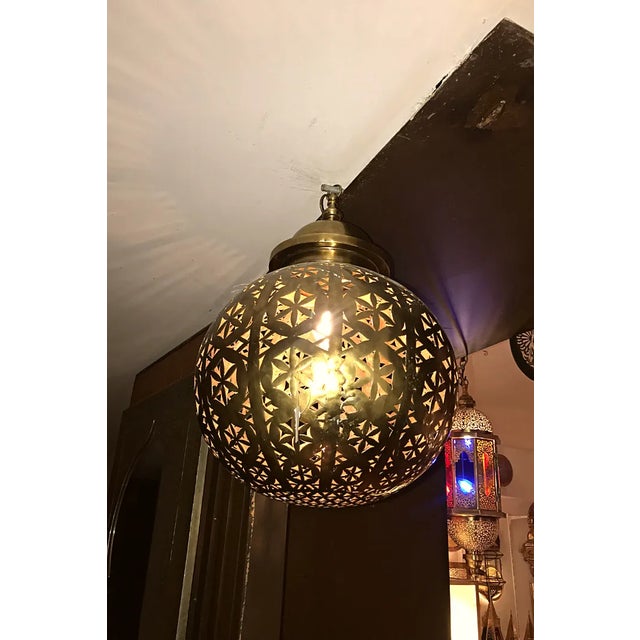 1970s 1970s Moroccan Brass Ball Chandelier With Embossed Patterns and Warm Glow For Sale - Image 5 of 11