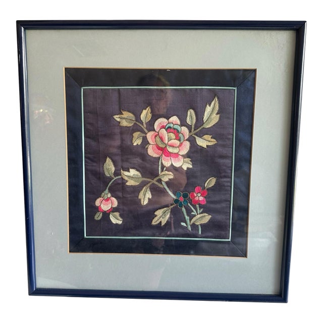 Vintage Asian Silk Embroidery Framed Floral Textile Art Peony on Silk Chinoiserie For Sale