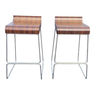 Calligaris Italian Chrome and "Zebrano" Finished Wood Seats Counter Stools - a Pair For Sale