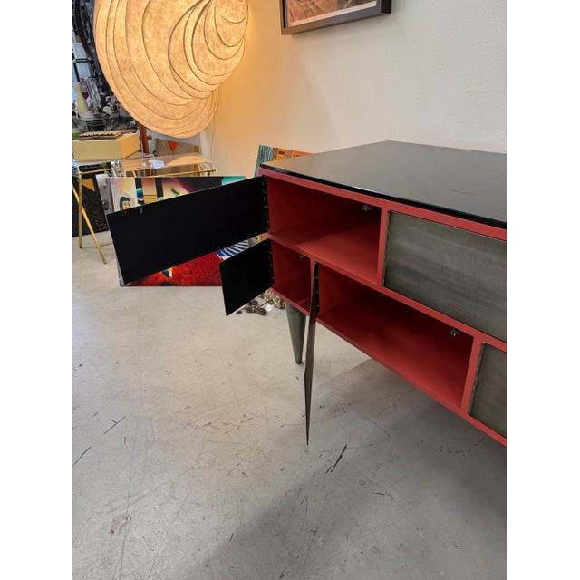 1990s Custom 11 Drawer Credenza in Red with Brushed Steel Doors and Black Glass Top For Sale - Image 9 of 17