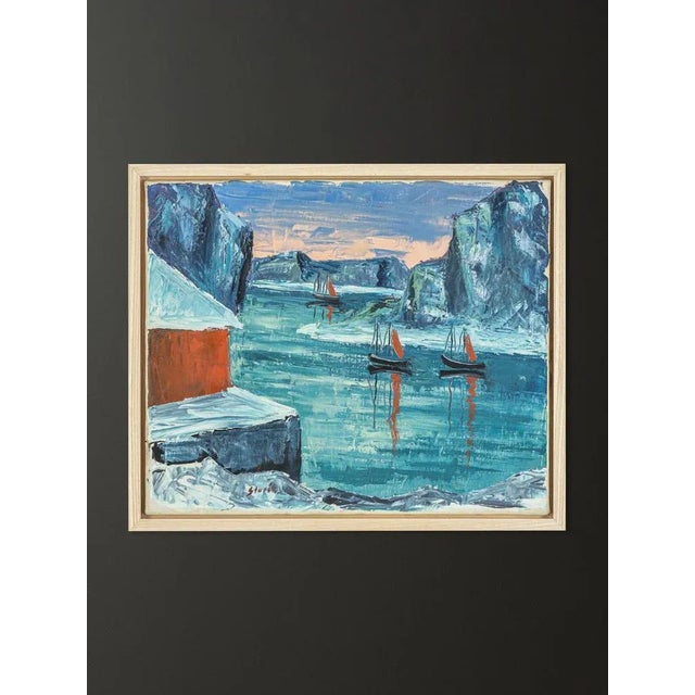 Arctic sea with boats and fishing huts reflected in the smooth surface of the sea. Oil on canvas ready to hang framed in a...