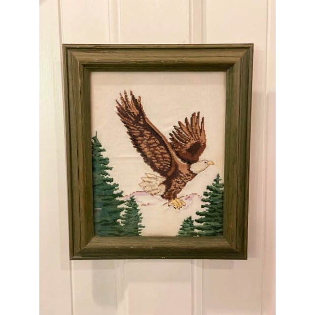 Textile Flying Eagle and Evergreens Framed Textile Art Needlepoint Cross Stitch For Sale - Image 7 of 7