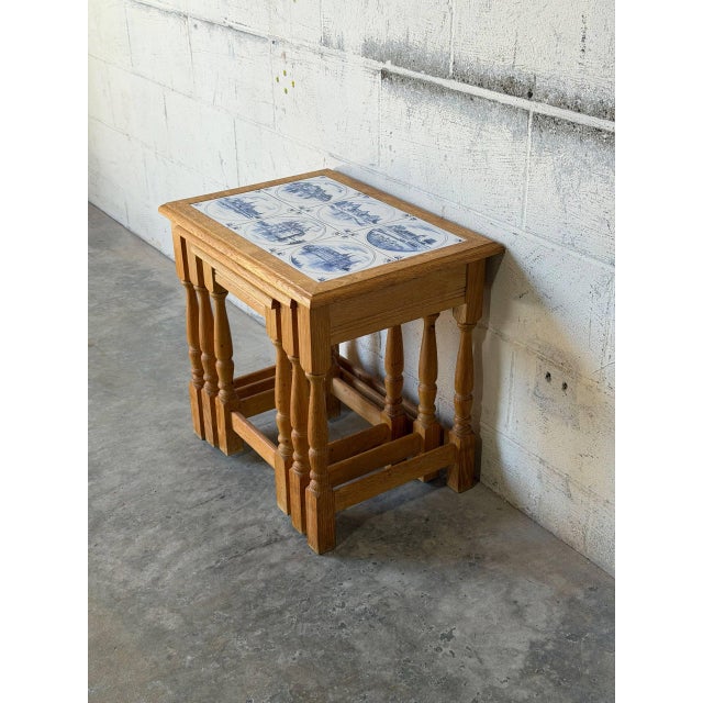 Solid Oak Nesting Tables Set of 3 With Blue and White Ceramic Tiles Mid-Century Modern 1970s For Sale In Los Angeles - Image 6 of 10