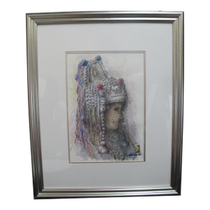 Adele Perry Ink Watercolor Painting Elaborate Headdress Lady Smoking Akha Style