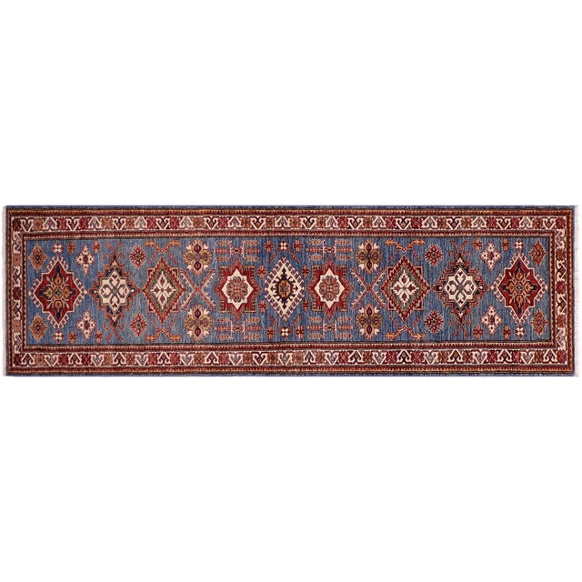 Blue Rustic Super Kazak Blue/Beige Wool Runner Rug- 2'8'' X 10'6'' For Sale - Image 8 of 10