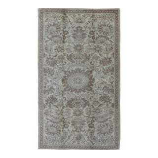 Muted Turkish Oushak Rug Featuring Soft Taupe, Faded Sage, and Pale Gray For Sale