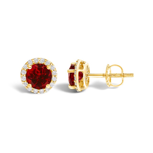Contemporary 10K Yellow Gold Red Garnet and 1/6 Cttw Diamond Halo Stud Earrings ,A Pair For Sale - Image 3 of 5