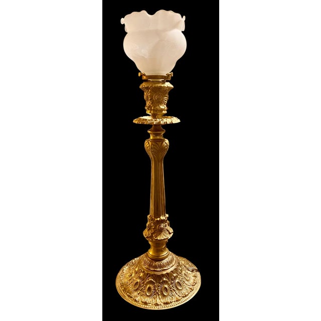 Brass Vintage French Gilt Brass Candlestick Lamp With Frosted Etched Ruffled Shade For Sale - Image 8 of 10