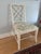 Beautiful white painted Chinese Chippendale lattice back chair. It is upholstered in a Brunschwig & Fils aqua and green...