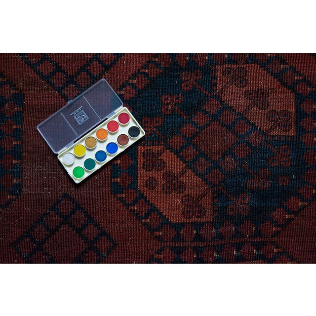 Brick Red Antique Allover Tribal Geometric Coral Red Navy Blue Hand-Knotted Wool Low Pile Rug - 8’3” X 9’5” For Sale - Image 8 of 12