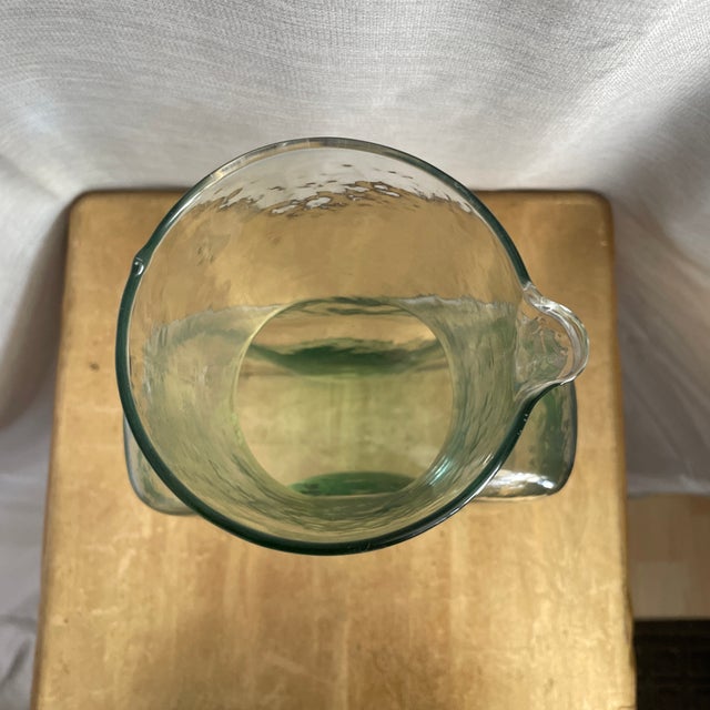 1980s Handblown Blenko Water Pitcher Green Tinged Glass Spout Indent Side For Sale - Image 5 of 8