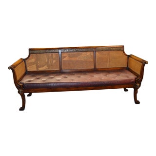 Vintage Long Cane & Wood Bench with Leather Seat Cushion, Brass Accents & Paw Pad Feet Lions Scroll Arms For Sale