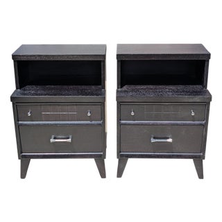 Pair of 1950's Ebonized Mid Century Modern Nightstands With Dual Drawers For Sale
