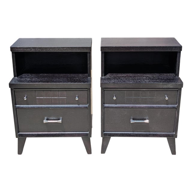 Pair of 1950's Ebonized Mid Century Modern Nightstands With Dual Drawers For Sale