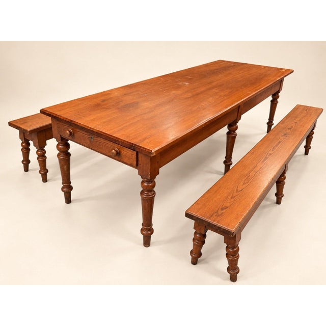 Brown Louis Philippe Farmhouse Pitchpin Table and Benches, 1950s, Set of 3 For Sale - Image 8 of 8