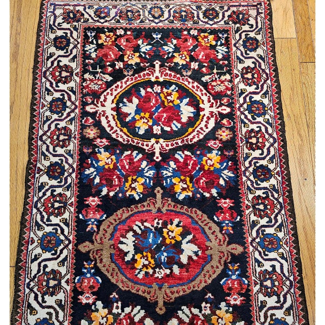 Vintage Persian Bakhtiari Wide Runner, Handwoven Wool, Floral Bouquet Design, Navy & Red, 4x13 For Sale - Image 10 of 17