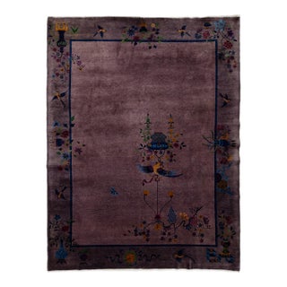Antique Chinese Art Deco Rug Plum Purple Wool Floral & Bird Motif 9x12 For Sale
