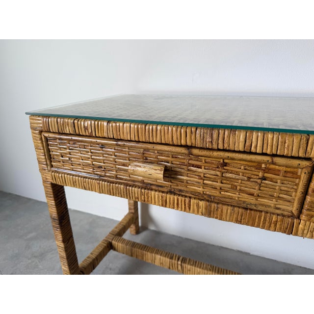 Vintage Palm Beach Regency Coastal Rattan Console Table With Glass Top/ Sold For Sale - Image 9 of 12