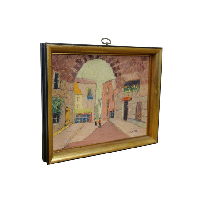Vintage 20th century Helen McRae impressionist cityscape oil painting on board showing a pair of figures in a wide street...
