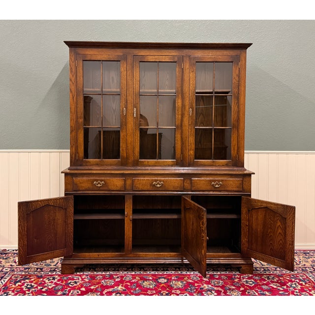 Antique English Large Bookcase Cupboard Cabinet Triple Door Glass Oak C. 1930s For Sale - Image 9 of 18