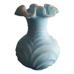 1960s Fenton Blue Satin Glass Ruffled Vase