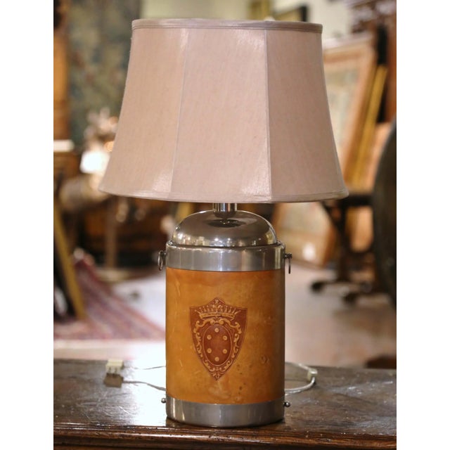 Early 20th Century French Chrome and Leather Table Lamp With Embossed Crest For Sale - Image 11 of 11