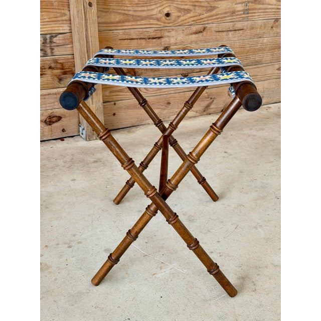 Vintage Walnut Faux Bamboo Folding Luggage Rack With Needlepoint Straps For Sale - Image 4 of 11