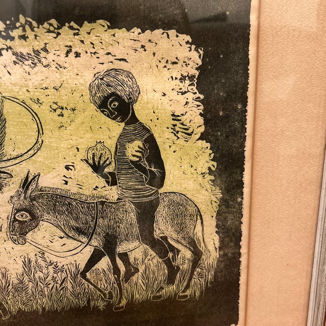 Whimsical original woodblock print by Helen Siegel (1924-2009). Siegel was known for her innovative techniques using...