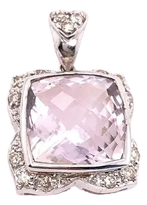 14 Karat White Gold Large Alex Cushion Cut Quartz Pendant With Diamond Accents