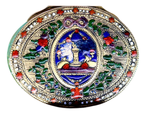 Elliptical Gold Pill Box with Enamel Reliefs