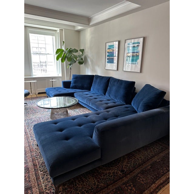 Roche Bobois Symbole custom sectional in blue velvet (Cabaret fabric: Navy blue) with four bolster pillows. 3 piece...