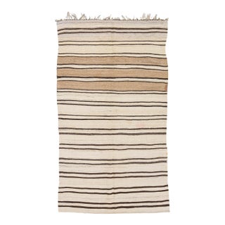 1960s Vintage Turkish Kilim Flatweave Beige Stripes Wool Rug For Sale