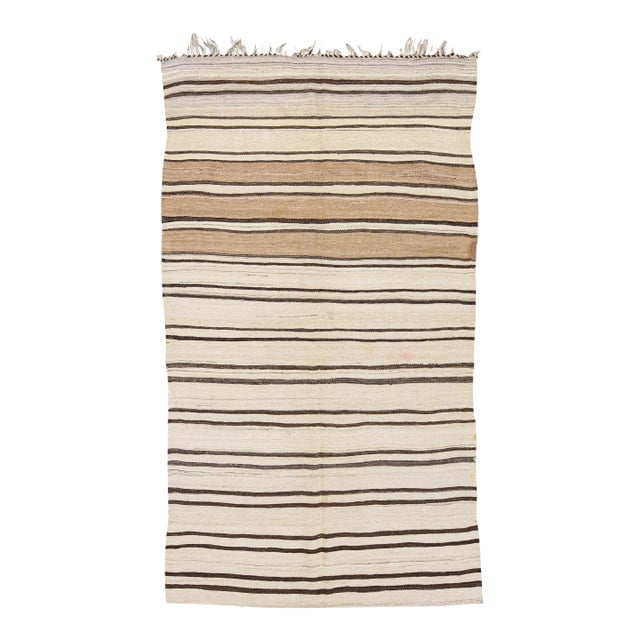 1960s Vintage Turkish Kilim Flatweave Beige Stripes Wool Rug For Sale