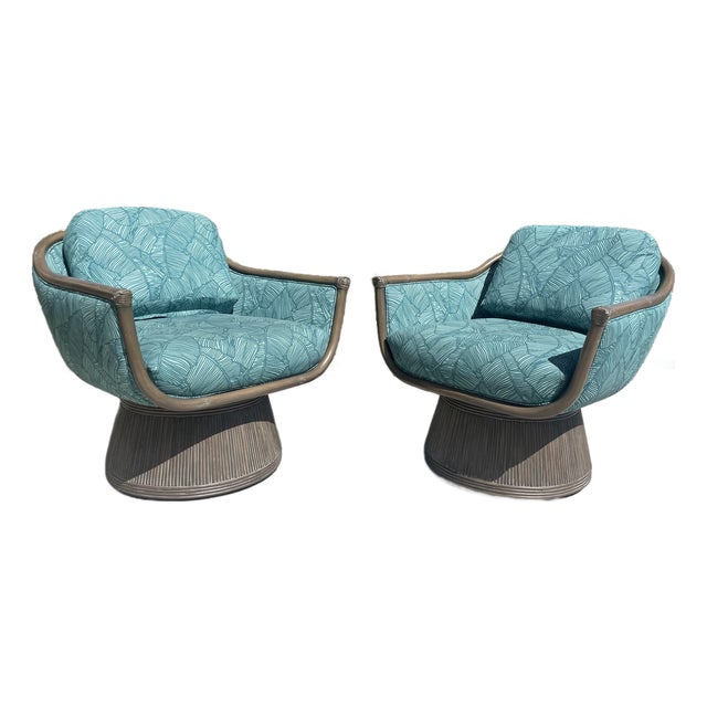 Pair of Upholstered Swivel Chairs Attributed to Palecek Baldwin Style For Sale