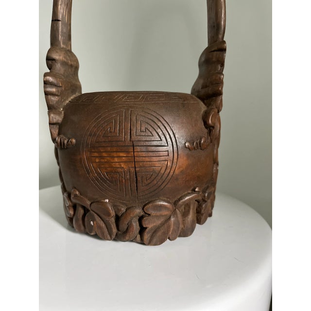 Early 1900s Intricately Hand-Carved Bamboo Water Pail/Flower Vase For Sale - Image 4 of 10