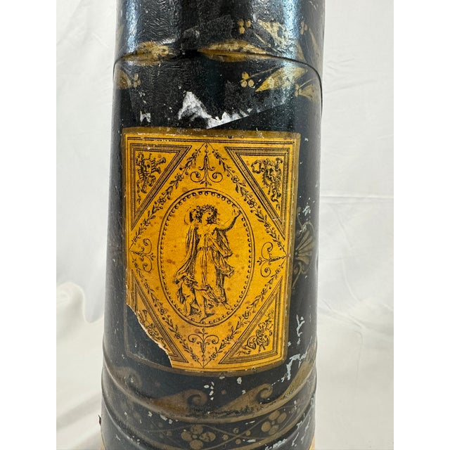 Black Antique English Tole Coal Helmet Scuttle | Beldray Maker's Mark, Gilt Neoclassical Decoration | 24in Tall For Sale - Image 8 of 12