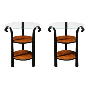 Pair of Art Deco Grosfeld House Side Tables in Black Lacquer & Walnut