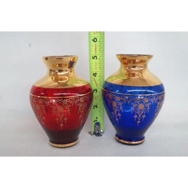 Ferro and Lazzarini Cobalt Blue Ruby Red Glass 22k Gold Leaf Vases a Pair For Sale - Image 10 of 10