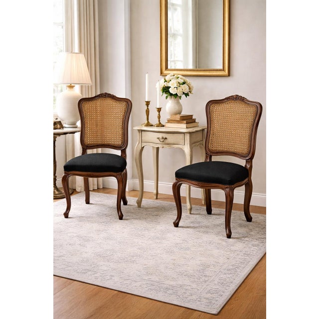 Mid 20th Century Mid 20th Century Refinished French Provincial Cane-Back Dining Chairs in Old Chapel Walnut With Black Upholstery – Pair For Sale - Image 5 of 8