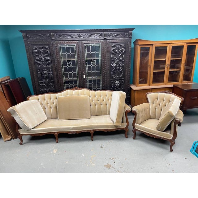1920s Vintage Tufted Back Sofa and Chair 2 - Piece Living Room Set, Hand Carved Wood Frame, New Foam + Fabric For Sale - Image 12 of 12