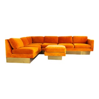 Milo Baughman Style Forecast Furniture Mid Century Orange Velvet and Bronze Pedestal Sectional Sofa and Ottoman For Sale