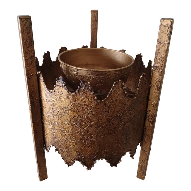 Vintage Brutalist Textured Metal Planter / Plant Stand For Sale