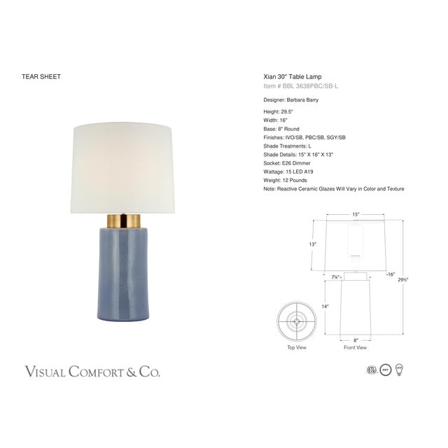 Barbara Barry by Visual Comfort Signature Xian 30" Table Lamp in Polar Blue Crackle and Soft Brass with Linen Shade...