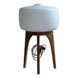 Space Age Floor Lamp with White Glass Lampshade and Wooden Tripod Base, 1960s For Sale