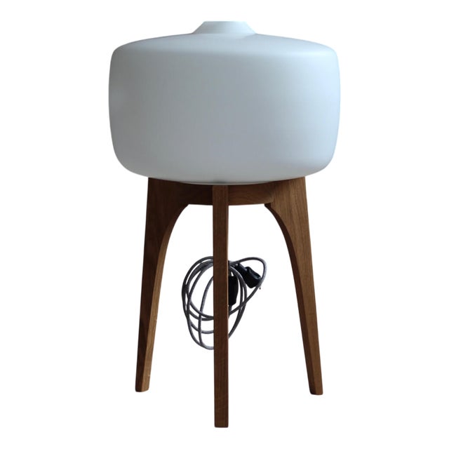 Space Age Floor Lamp with White Glass Lampshade and Wooden Tripod Base, 1960s For Sale